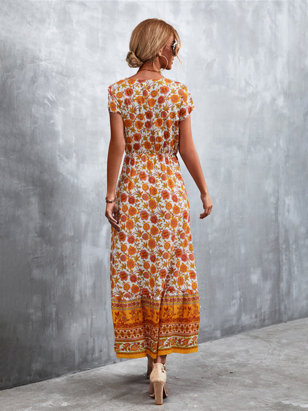 Floral Dresses- Floral V-Neck Waist Tie Ruffle Hem Midi Maxi Dress- - Pekosa Women Clothing