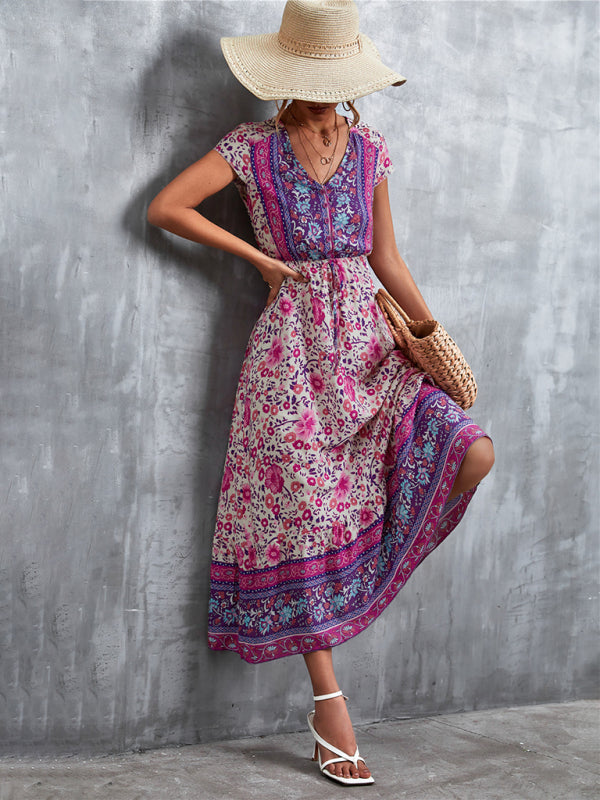 Floral Dresses- Floral V-Neck Waist Tie Ruffle Hem Midi Maxi Dress- - Pekosa Women Clothing