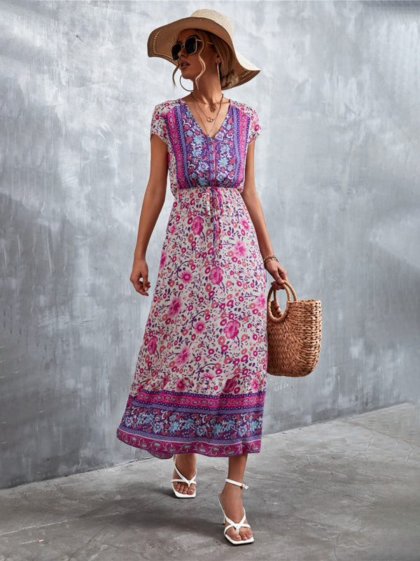 Floral Dresses- Floral V-Neck Waist Tie Ruffle Hem Midi Maxi Dress- - Pekosa Women Clothing