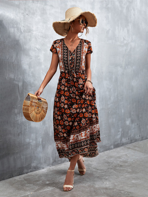 Floral Dresses- Floral V-Neck Waist Tie Ruffle Hem Midi Maxi Dress- - Pekosa Women Clothing