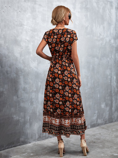 Floral Dresses- Floral V-Neck Waist Tie Ruffle Hem Midi Maxi Dress- - Pekosa Women Clothing