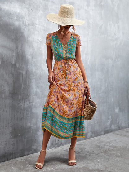 Floral Dresses- Floral V-Neck Waist Tie Ruffle Hem Midi Maxi Dress- Yellow green- Pekosa Women Clothing