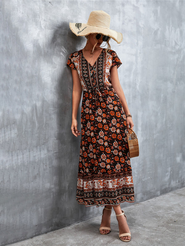 Floral Dresses- Floral V-Neck Waist Tie Ruffle Hem Midi Maxi Dress- - Pekosa Women Clothing