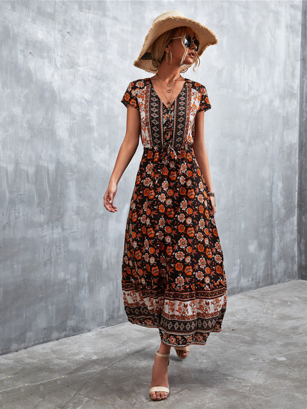 Floral Dresses- Floral V-Neck Waist Tie Ruffle Hem Midi Maxi Dress- - Pekosa Women Clothing