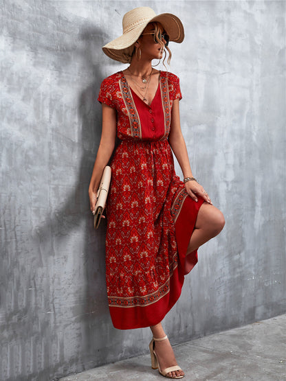 Floral Dresses- Floral V-Neck Waist Tie Ruffle Hem Midi Maxi Dress- Red- Pekosa Women Clothing