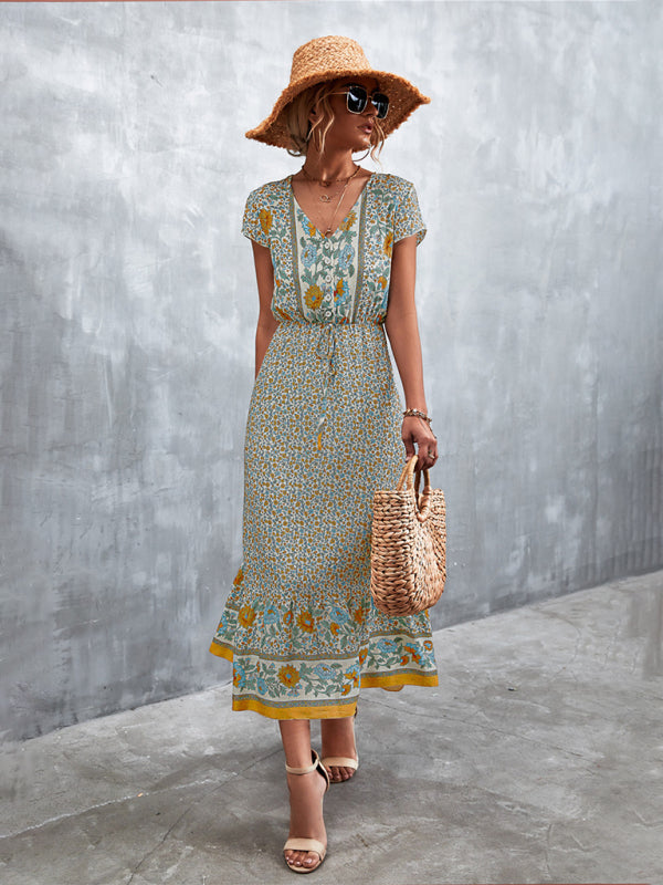 Floral Dresses- Floral V-Neck Waist Tie Ruffle Hem Midi Maxi Dress- khaki- Pekosa Women Clothing