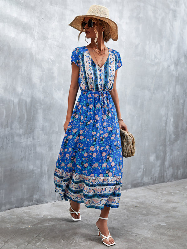 Floral Dresses- Floral V-Neck Waist Tie Ruffle Hem Midi Maxi Dress- - Pekosa Women Clothing