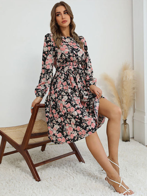 Floral Dresses- Flower Midi Dress with Long Sleeves and Waist Tie- - Pekosa Women Clothing