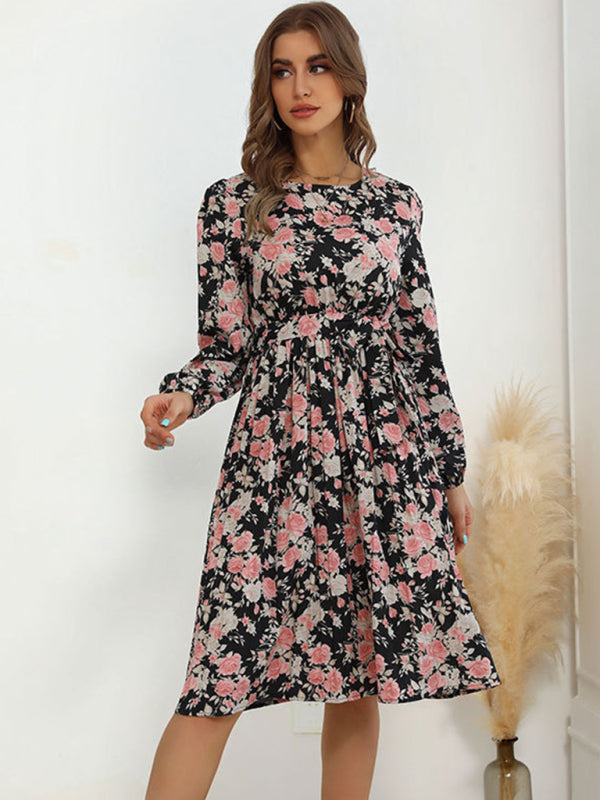 Floral Dresses- Flower Midi Dress with Long Sleeves and Waist Tie- Pink Floral- Pekosa Women Clothing