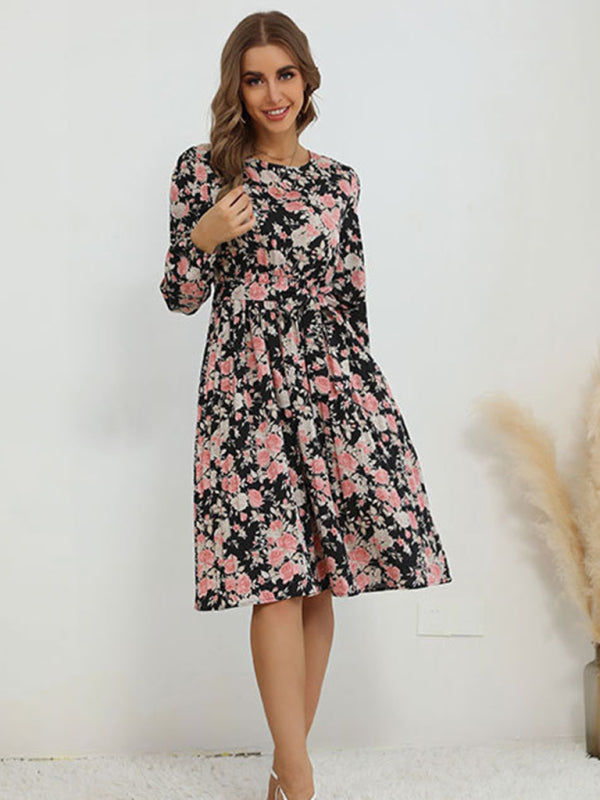 Floral Dresses- Flower Midi Dress with Long Sleeves and Waist Tie- - Pekosa Women Clothing