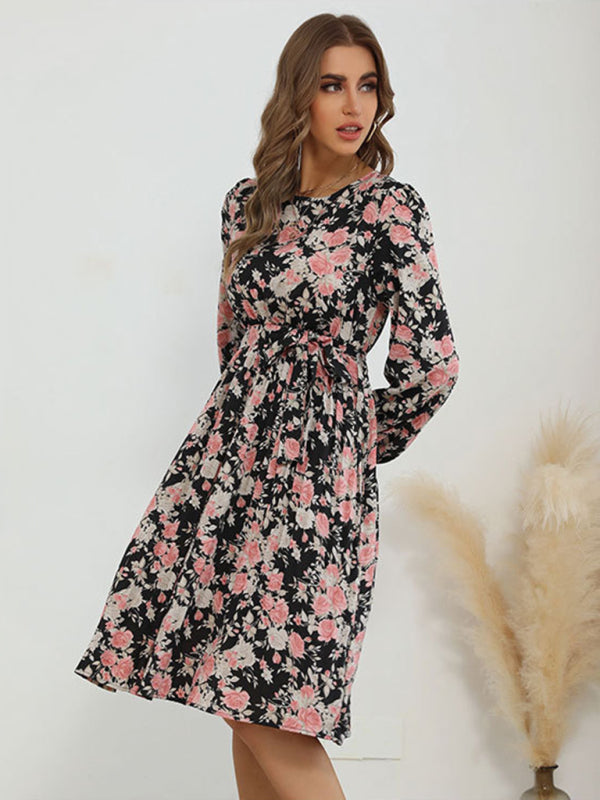 Floral Dresses- Flower Midi Dress with Long Sleeves and Waist Tie- - Pekosa Women Clothing