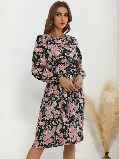 Floral Dresses- Flower Midi Dress with Long Sleeves and Waist Tie- - Pekosa Women Clothing