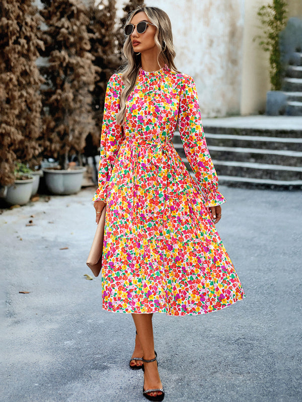 Floral Dresses- Glamorous Floral Pleated Midi Dress with Long Sleeve, Matching Belt- - Pekosa Women Clothing