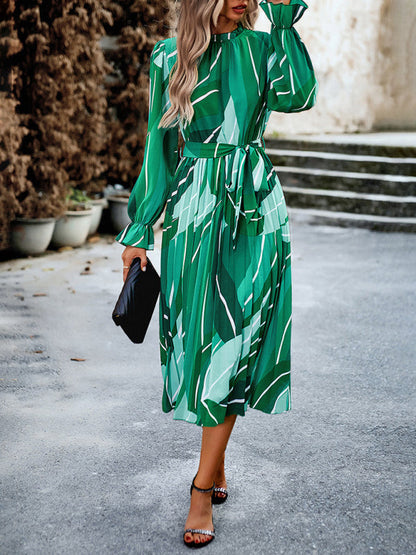 Floral Dresses- Glamorous Floral Pleated Midi Dress with Long Sleeve, Matching Belt- Green- Pekosa Women Clothing
