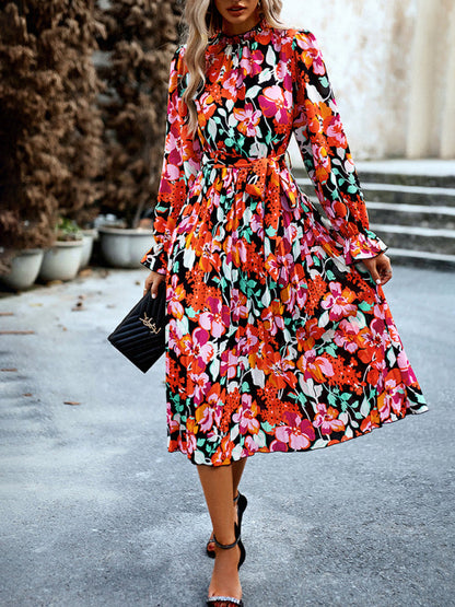 Floral Dresses- Glamorous Floral Pleated Midi Dress with Long Sleeve, Matching Belt- - Pekosa Women Clothing