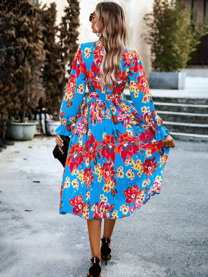 Floral Dresses- Glamorous Floral Pleated Midi Dress with Long Sleeve, Matching Belt- - Pekosa Women Clothing