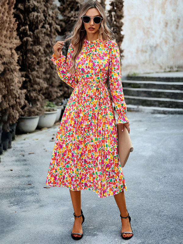 Floral Dresses- Glamorous Floral Pleated Midi Dress with Long Sleeve, Matching Belt- Pink- Pekosa Women Clothing