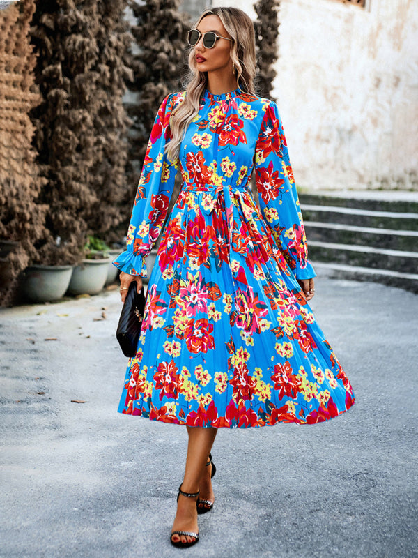 Floral Dresses- Glamorous Floral Pleated Midi Dress with Long Sleeve, Matching Belt- - Pekosa Women Clothing