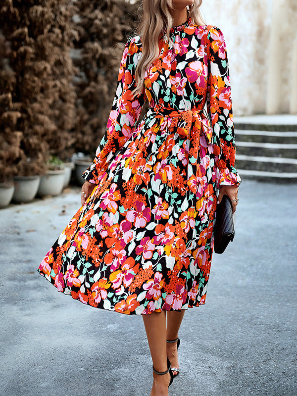 Floral Dresses- Glamorous Floral Pleated Midi Dress with Long Sleeve, Matching Belt- - Pekosa Women Clothing
