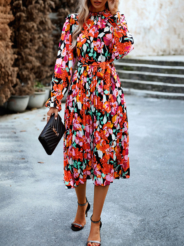 Floral Dresses- Glamorous Floral Pleated Midi Dress with Long Sleeve, Matching Belt- - Pekosa Women Clothing