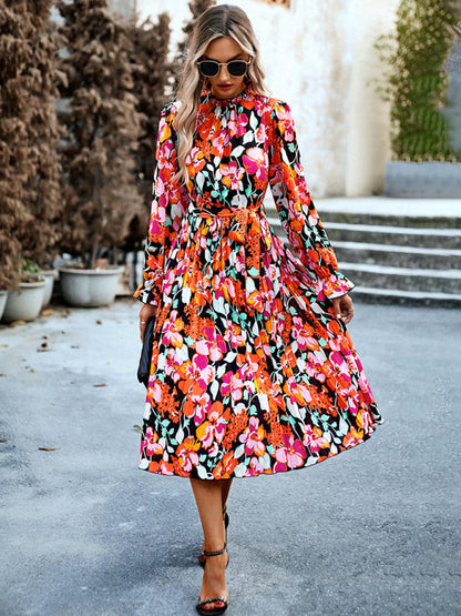 Floral Dresses- Glamorous Floral Pleated Midi Dress with Long Sleeve, Matching Belt- Black- Pekosa Women Clothing