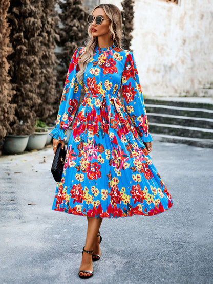 Floral Dresses- Glamorous Floral Pleated Midi Dress with Long Sleeve, Matching Belt- Blue- Pekosa Women Clothing