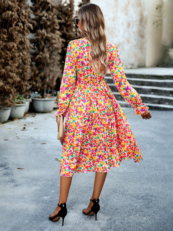 Floral Dresses- Glamorous Floral Pleated Midi Dress with Long Sleeve, Matching Belt- - Pekosa Women Clothing