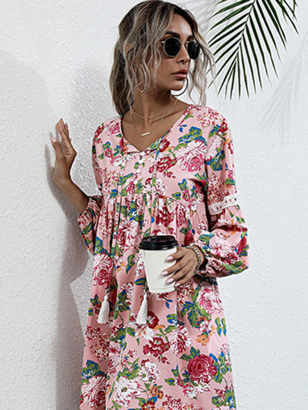 Floral Dresses- Long Sleeve Floral Print Tunic Dress- Pink- Pekosa Women Clothing