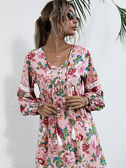 Floral Dresses- Long Sleeve Floral Print Tunic Dress- - Pekosa Women Clothing