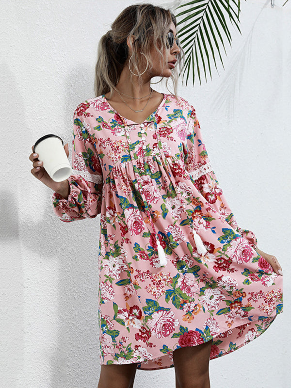 Floral Dresses- Long Sleeve Floral Print Tunic Dress- - Pekosa Women Clothing