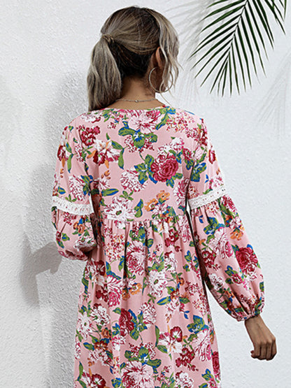 Floral Dresses- Long Sleeve Floral Print Tunic Dress- - Pekosa Women Clothing