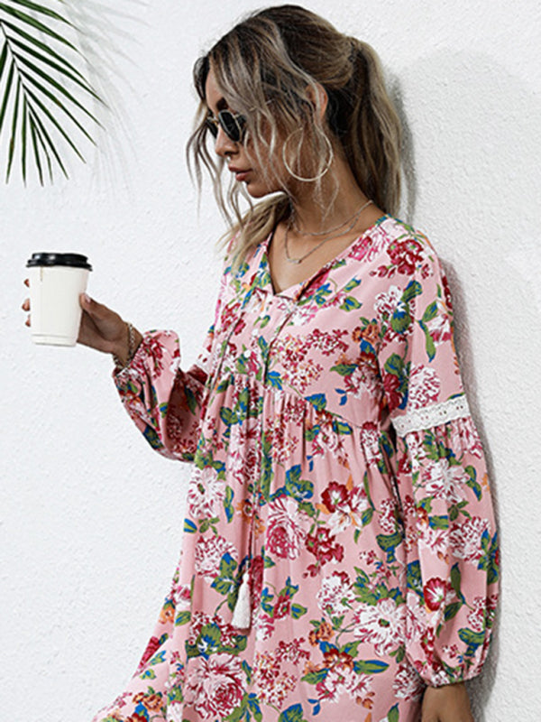 Floral Dresses- Long Sleeve Floral Print Tunic Dress- - Pekosa Women Clothing