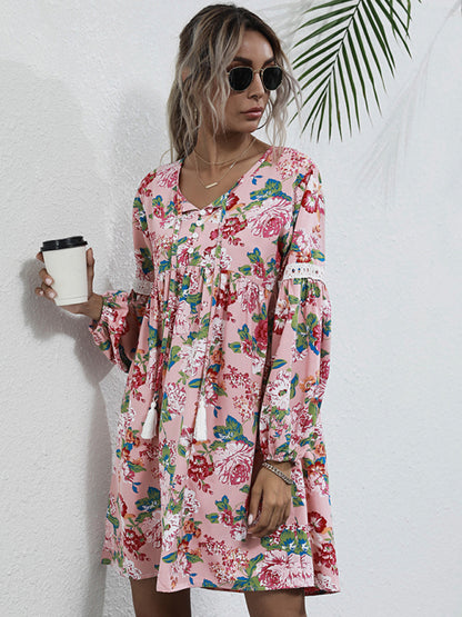 Floral Dresses- Long Sleeve Floral Print Tunic Dress- - Pekosa Women Clothing