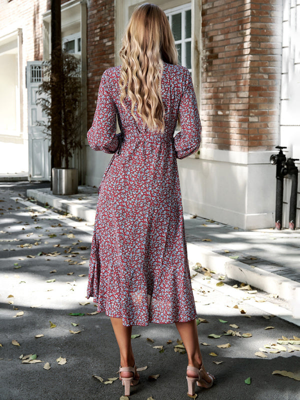 Floral Dresses- Long-Sleeve Floral Wrap Midi Dress- - Pekosa Women Clothing