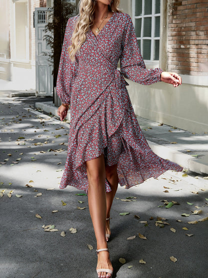 Floral Dresses- Long-Sleeve Floral Wrap Midi Dress- - Pekosa Women Clothing