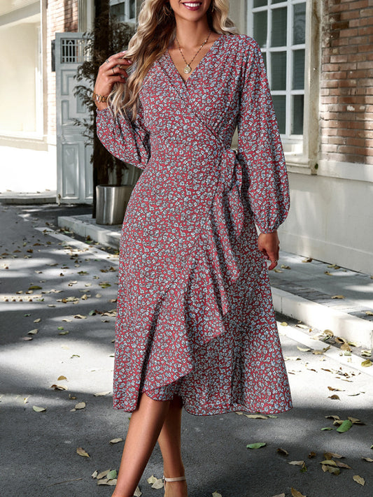 Floral Dresses- Long-Sleeve Floral Wrap Midi Dress- Red- Pekosa Women Clothing