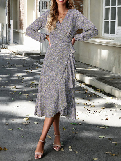 Floral Dresses- Long-Sleeve Floral Wrap Midi Dress- Khaki- Pekosa Women Clothing