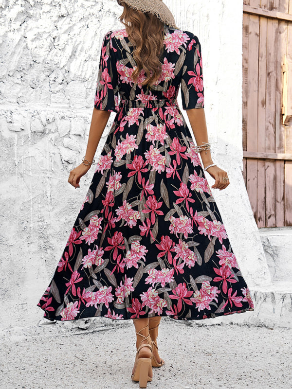 Floral Dresses- Nature's Floral Print V-Neck Midi Dress for Garden Affairs- - Chuzko Women Clothing