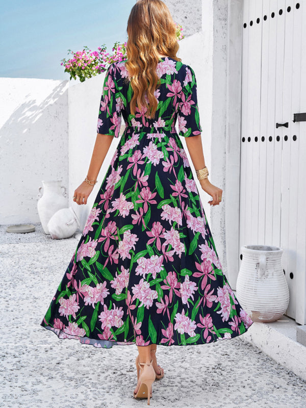 Floral Dresses- Nature's Floral Print V-Neck Midi Dress for Garden Affairs- - Chuzko Women Clothing