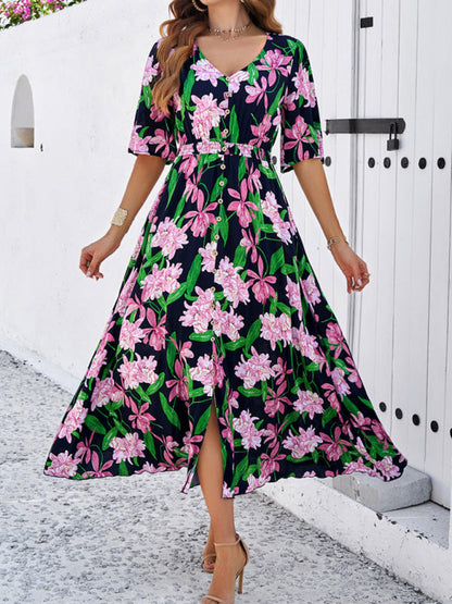 Floral Dresses- Nature's Floral Print V-Neck Midi Dress for Garden Affairs- - Chuzko Women Clothing