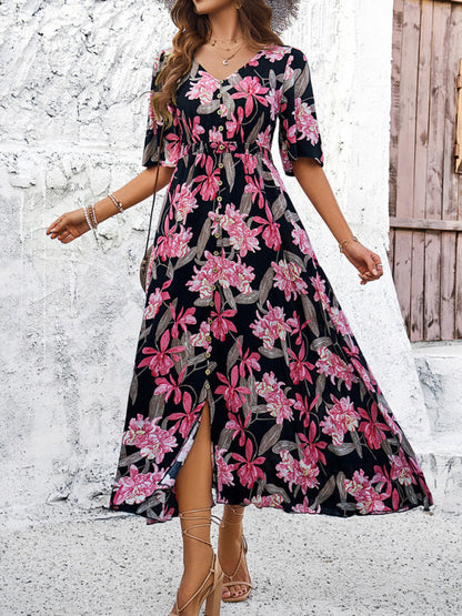 Floral Dresses- Nature's Floral Print V-Neck Midi Dress for Garden Affairs- - Chuzko Women Clothing