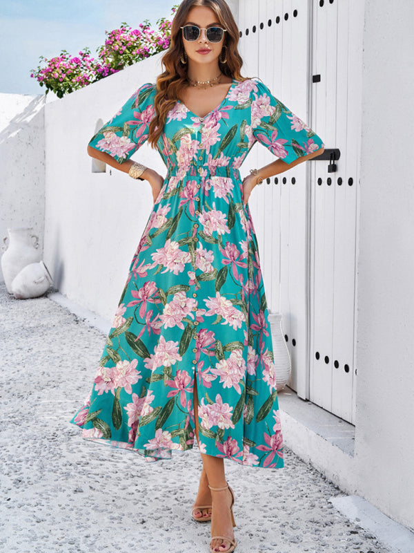 Floral Dresses- Nature's Floral Print V-Neck Midi Dress for Garden Affairs- - Chuzko Women Clothing