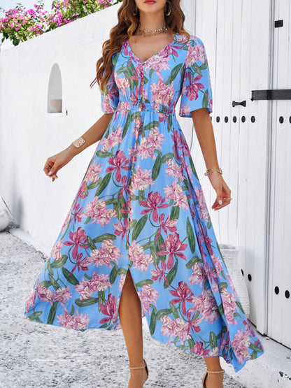 Floral Dresses- Nature's Floral Print V-Neck Midi Dress for Garden Affairs- - Chuzko Women Clothing