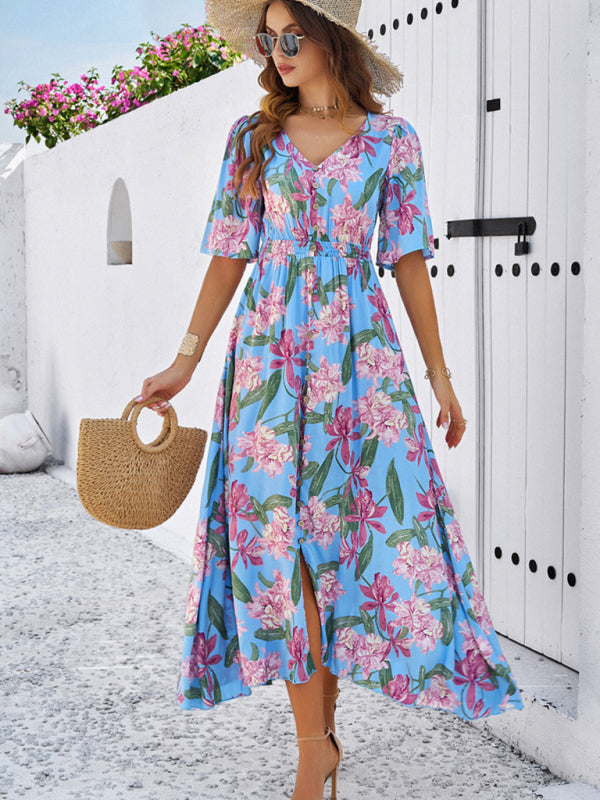 Floral Dresses- Nature's Floral Print V-Neck Midi Dress for Garden Affairs- - Chuzko Women Clothing