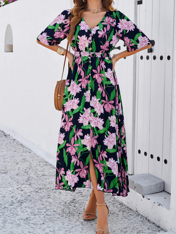 Floral Dresses- Nature's Floral Print V-Neck Midi Dress for Garden Affairs- - Chuzko Women Clothing