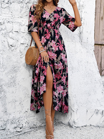 Floral Dresses- Nature's Floral Print V-Neck Midi Dress for Garden Affairs- - Chuzko Women Clothing