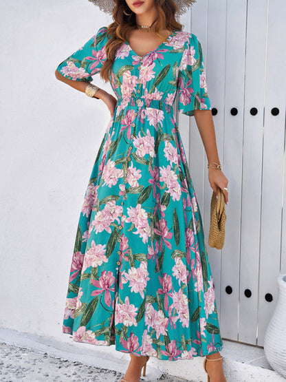 Floral Dresses- Nature's Floral Print V-Neck Midi Dress for Garden Affairs- - Chuzko Women Clothing