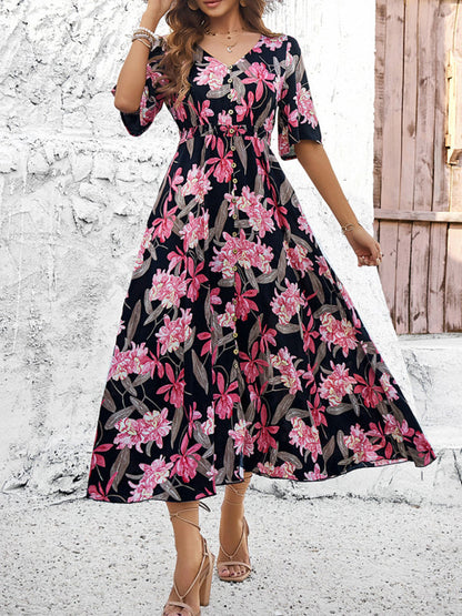 Floral Dresses- Nature's Floral Print V-Neck Midi Dress for Garden Affairs- - Chuzko Women Clothing