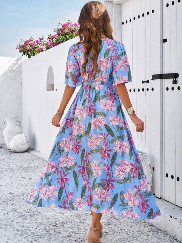 Floral Dresses- Nature's Floral Print V-Neck Midi Dress for Garden Affairs- - Chuzko Women Clothing