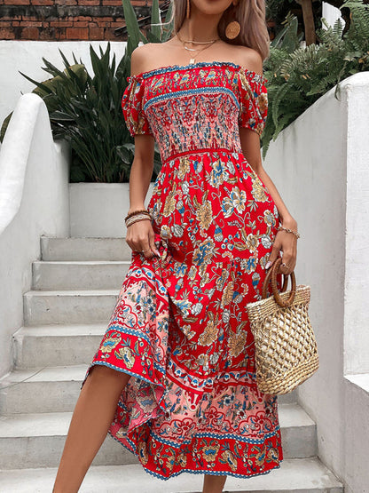 Floral Dresses- Off-Shoulder Smocked Bodice Midi Dress in Floral Print- - Pekosa Women Fashion